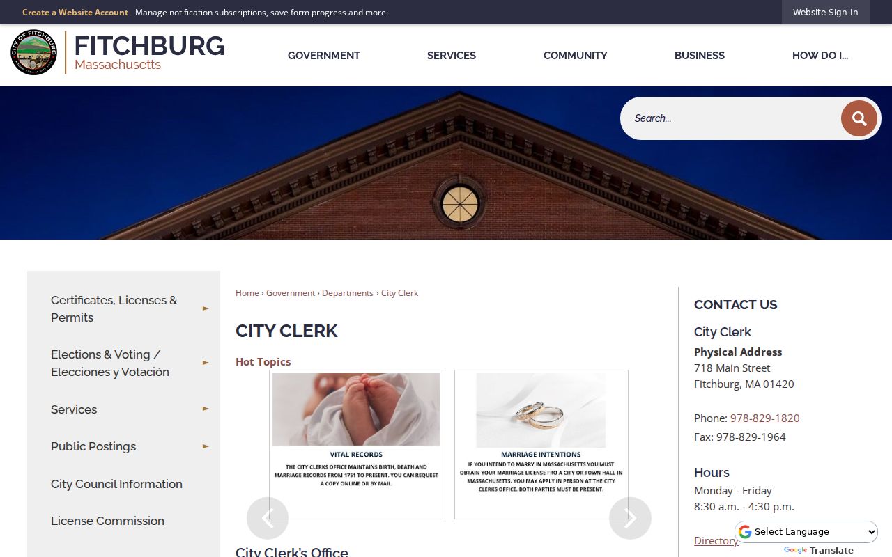 Fitchburg residents directory City Clerk services page