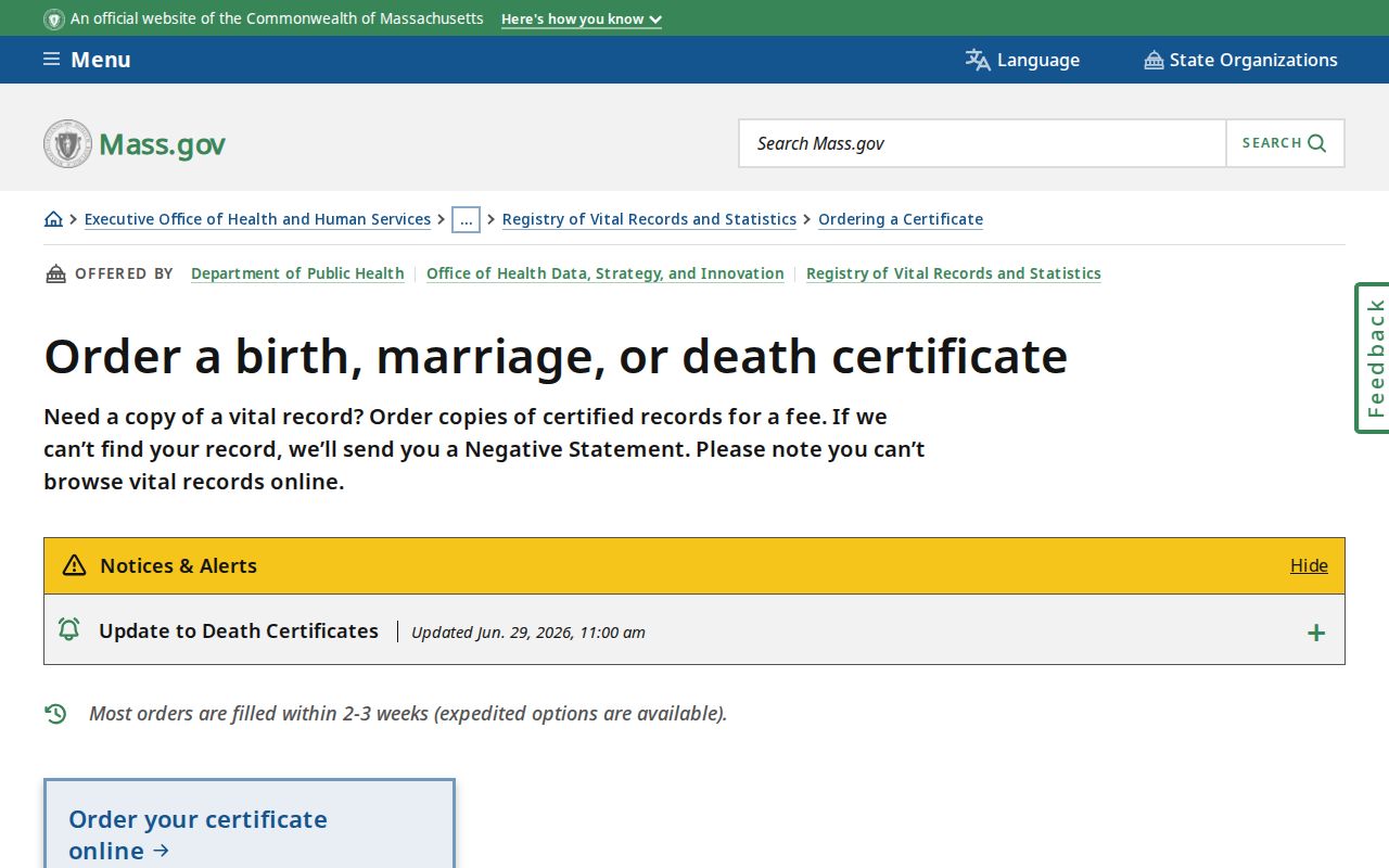 Fitchburg resident lookup Massachusetts vital record order page